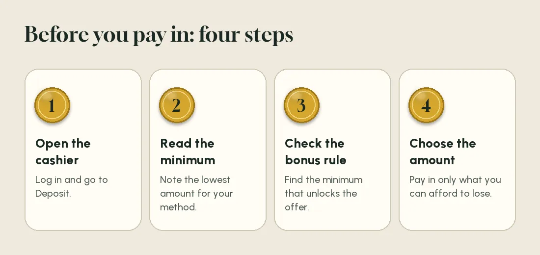 Four numbered cards: open the cashier, read the minimum, check the bonus rule, choose the amount