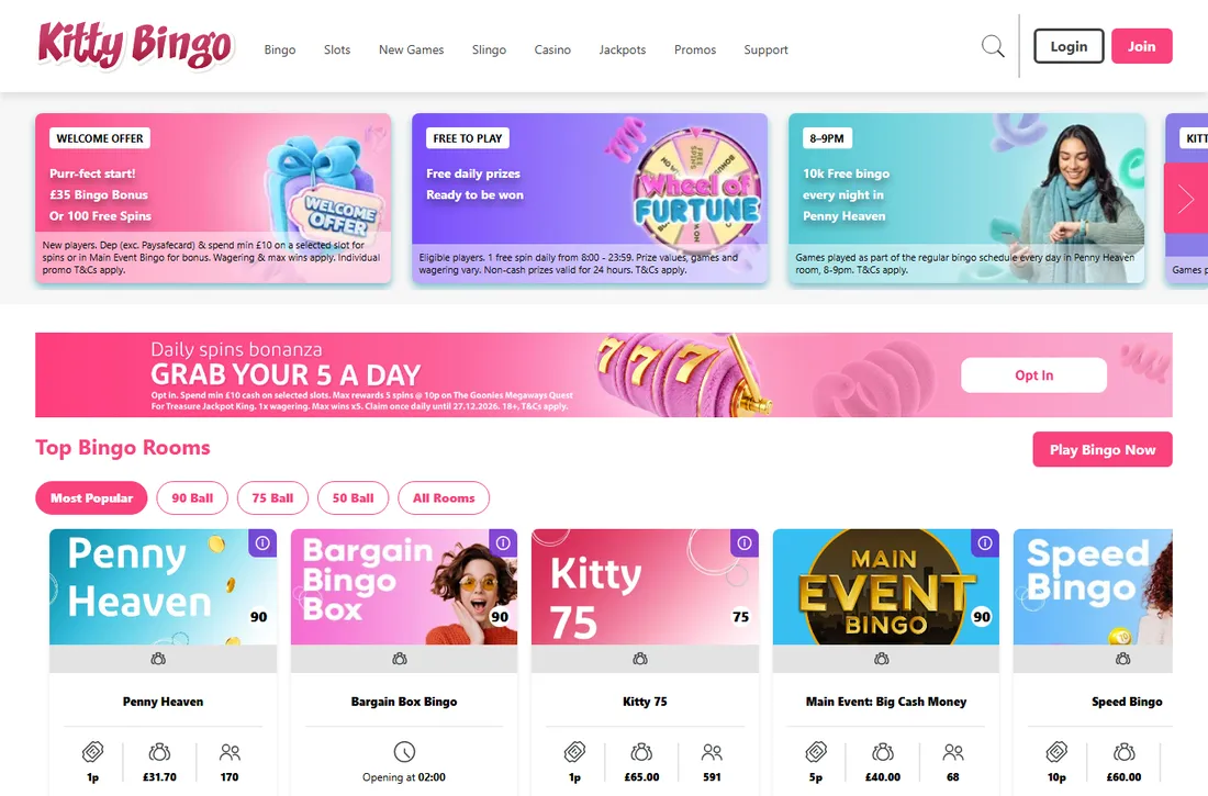 Kitty Bingo home page with the welcome offer tile: £35 bingo bonus or 100 free spins, deposit excluding Paysafecard and spend at least £10