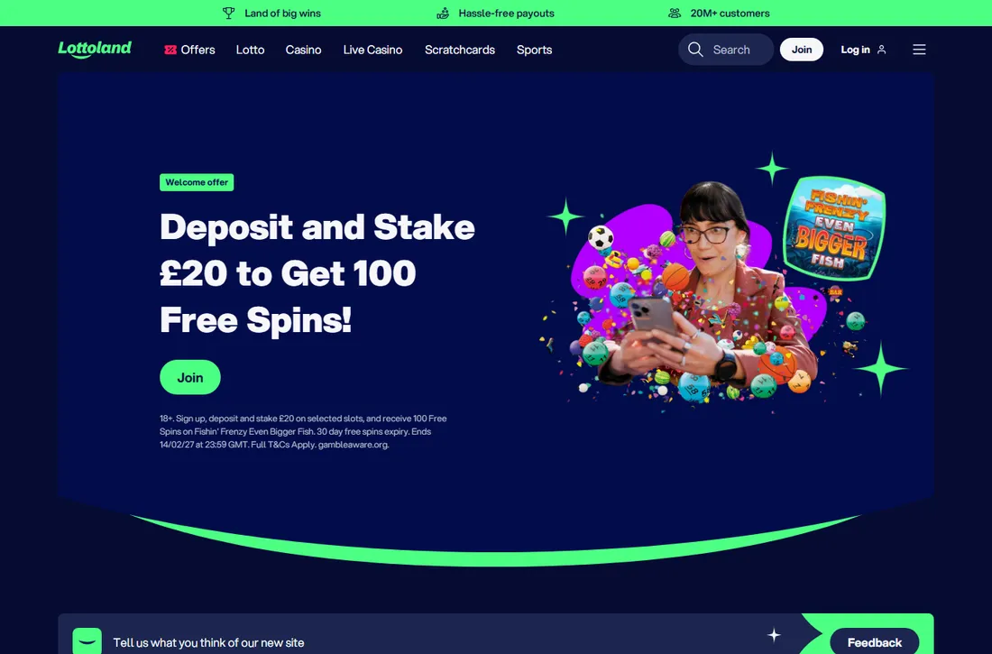 Lottoland UK home page with the welcome offer Deposit and Stake £20 to Get 100 Free Spins