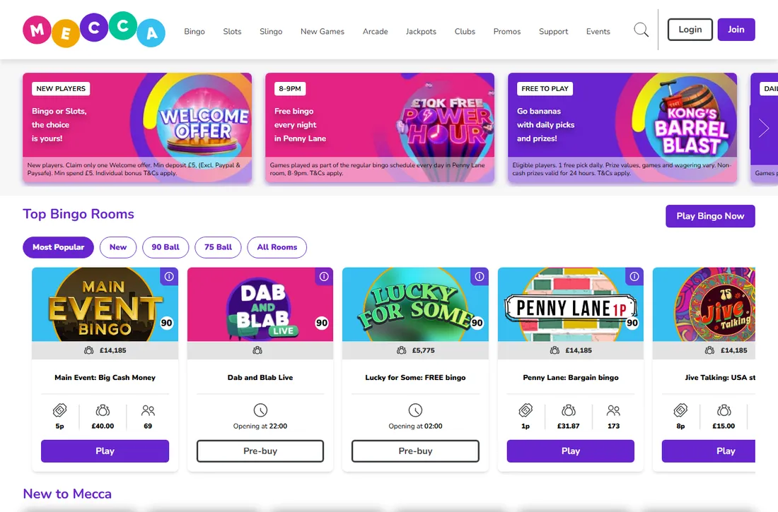 Mecca Bingo home page with the new player welcome offer tile: minimum deposit £5 excluding PayPal and Paysafe, minimum spend £5