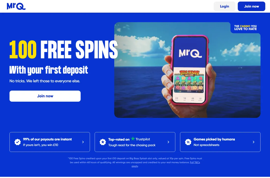 MrQ home page with the banner 100 Free Spins with your first deposit and a tile saying 99% of payouts are instant