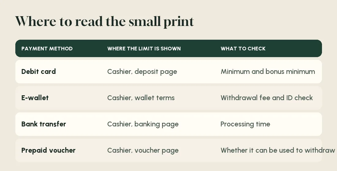 Table listing four payment methods, where each limit is shown and what to check there