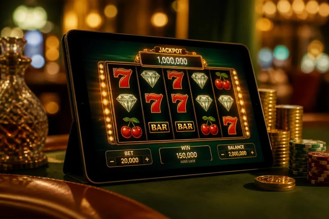 Tablet with an online slot game on the screen Tablet with an online slot game on the screen