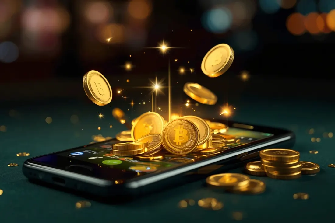 Gold coins bursting out of a phone with a slot game Gold coins bursting out of a phone with a slot game