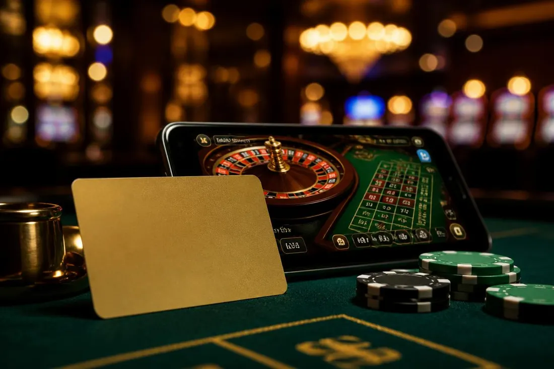 Phone with a casino game, bank card and chips Phone with a casino game, bank card and chips