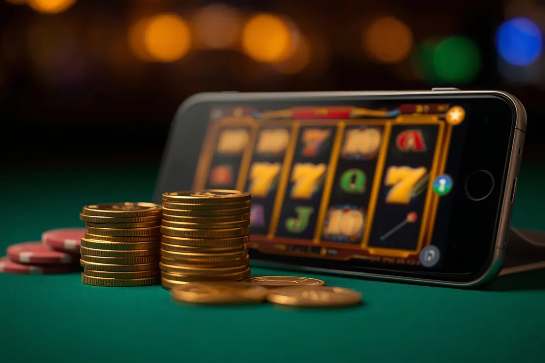 Gold coins stacked next to a phone with slot reels Gold coins stacked next to a phone with slot reels