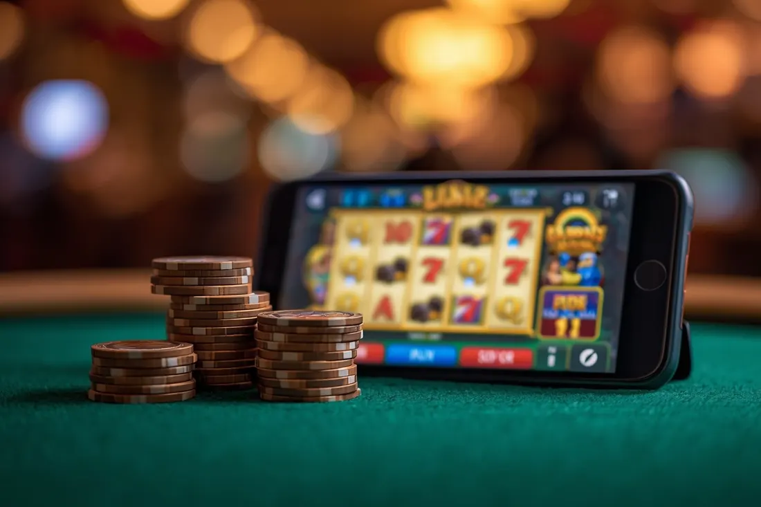 Casino chips stacked next to a phone with a slot game