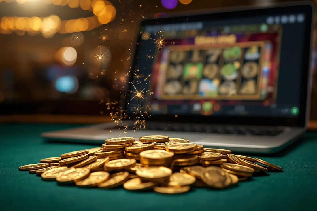 Pile of gold coins and chips in front of a slot game